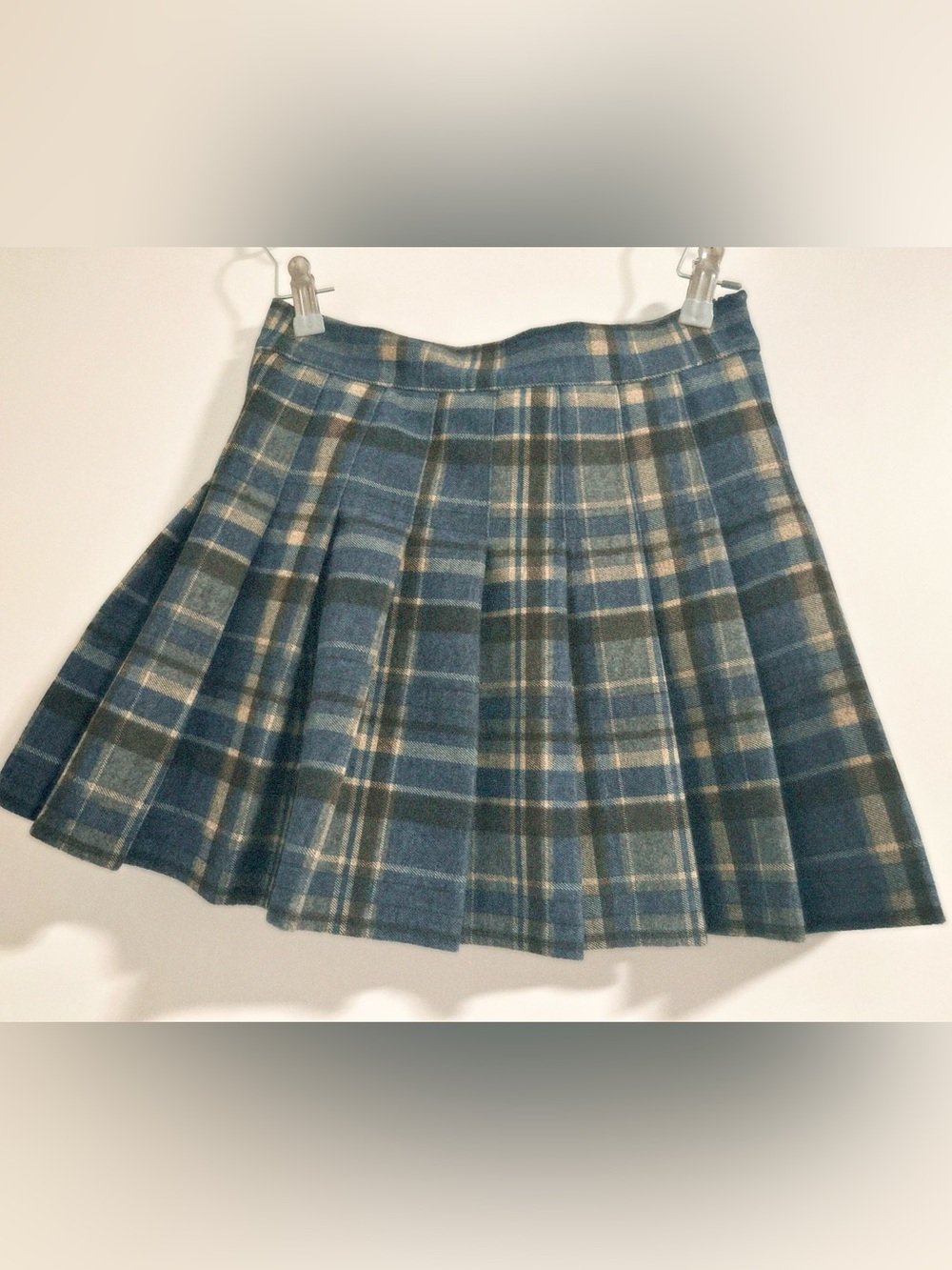 Blue Plaid Wool-Blend Pleated Skirt